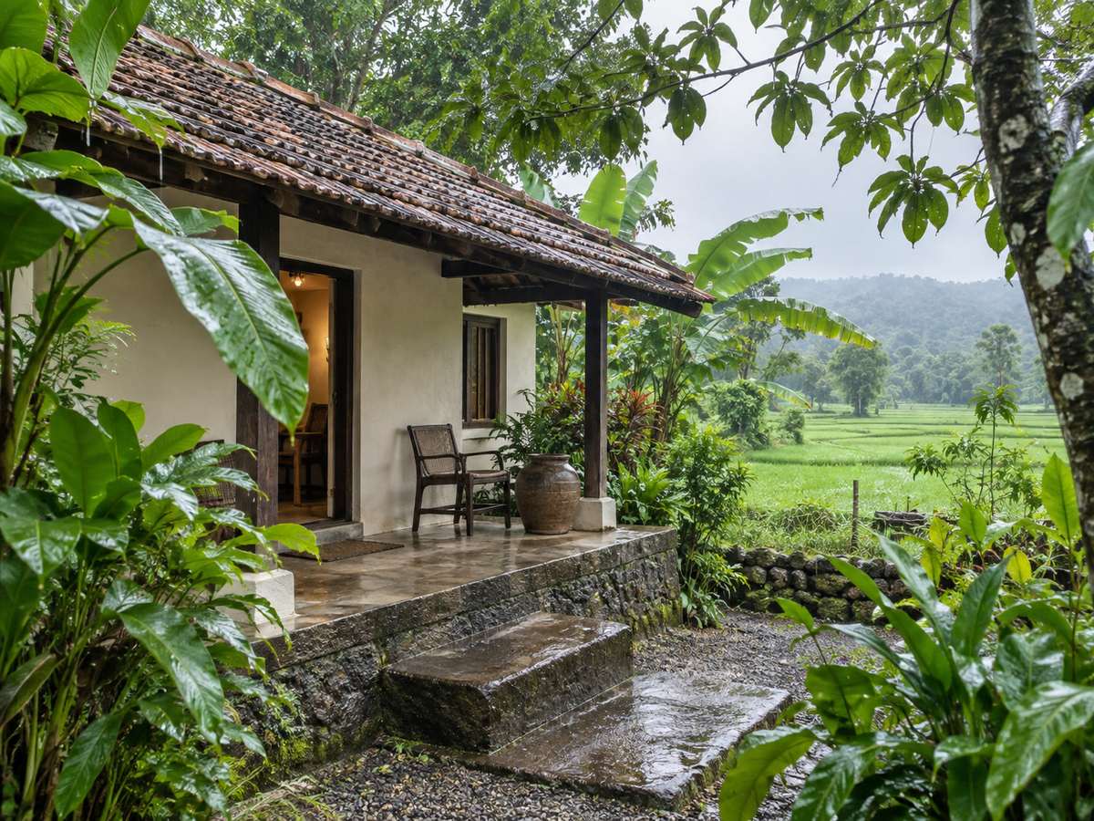 Small cabana with a clay-tile roof after rain, paddy and rubber trees beyond