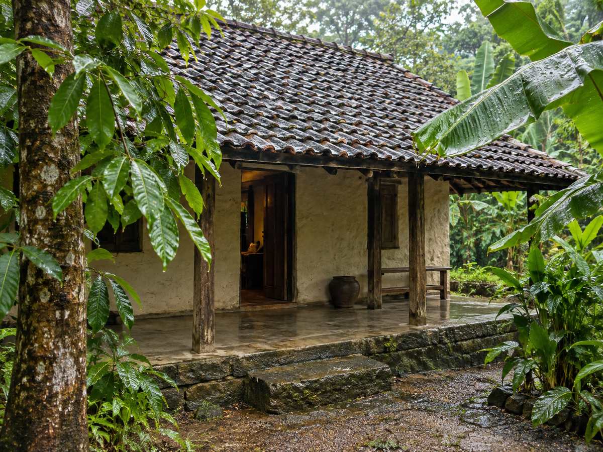 Cabana with a clay-tile roof and a stone step, rain still on the leaves