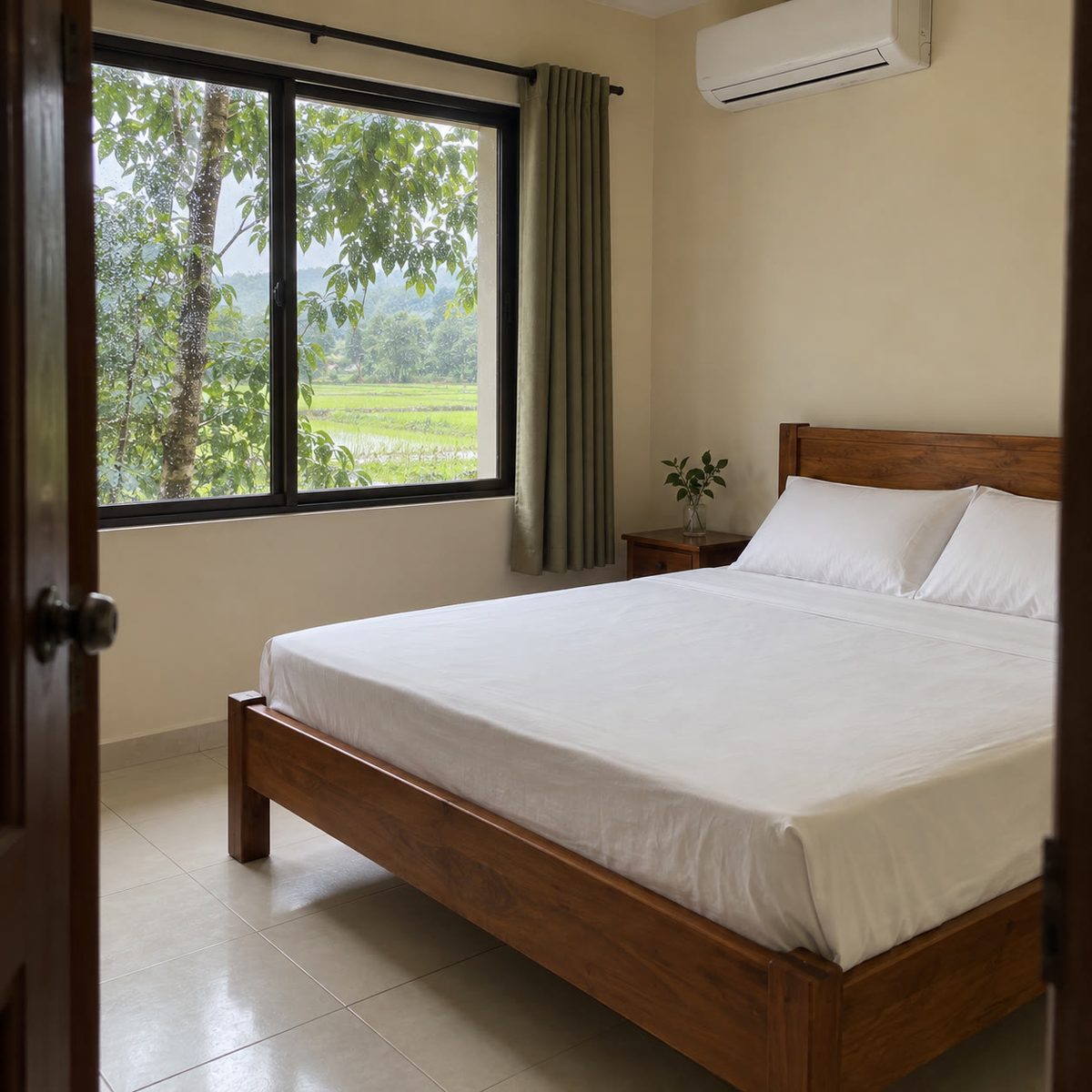 Simple AC bedroom, white sheets, a window onto wet greenery