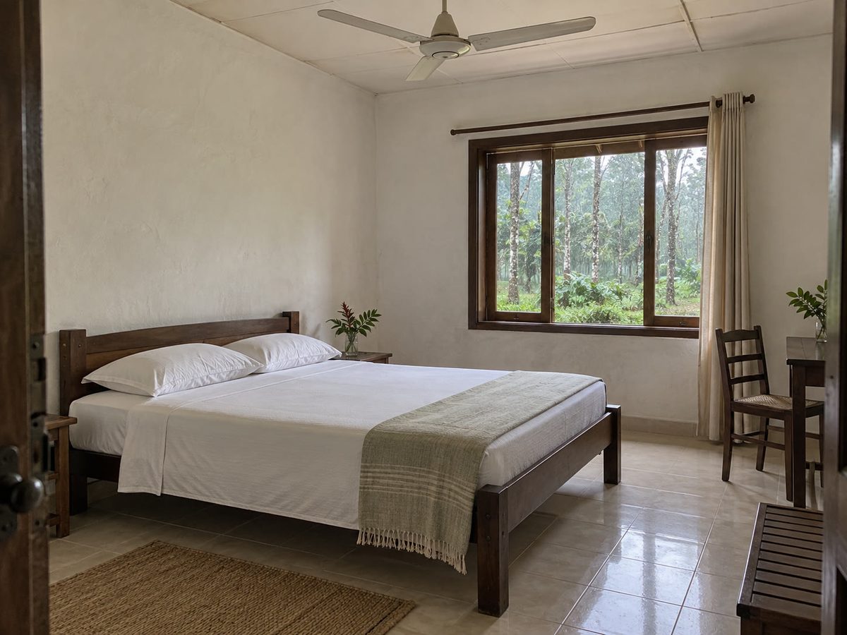 Non-AC room with a ceiling fan and a timber bed, morning after rain