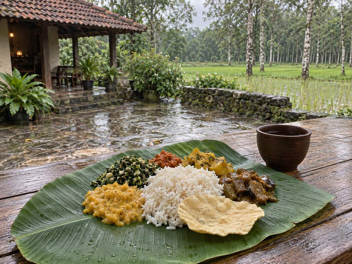 Outdoor table with rice and curry on a banana leaf, wet stone courtyard