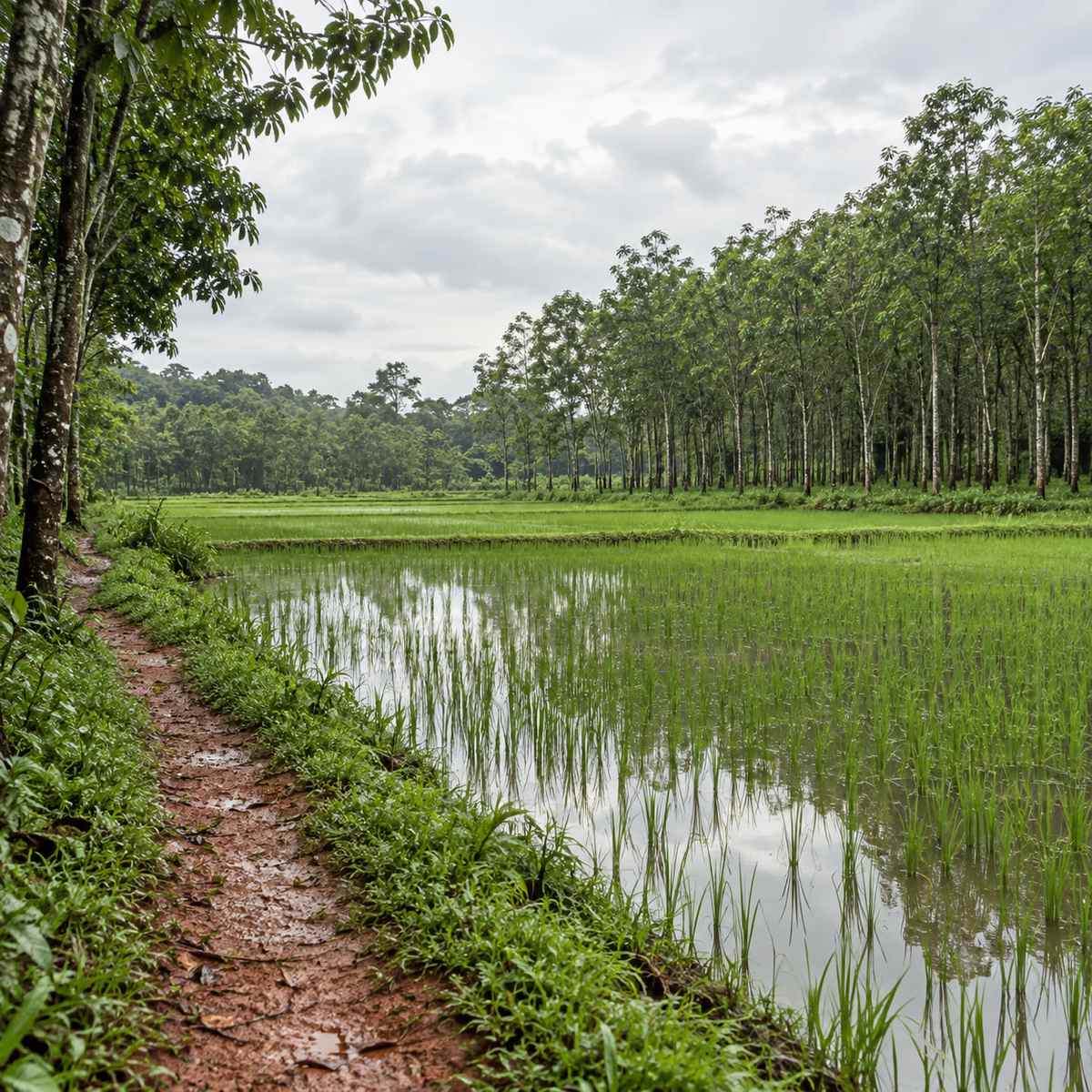 Paddy field and rubber trees under a bright overcast Kegalle sky