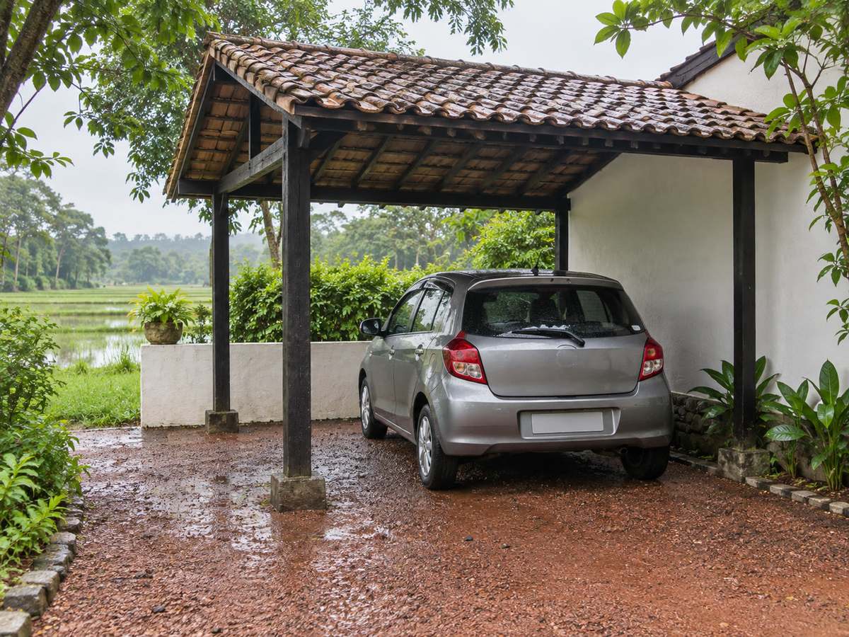Covered parking bay on laterite gravel beside a low white wall