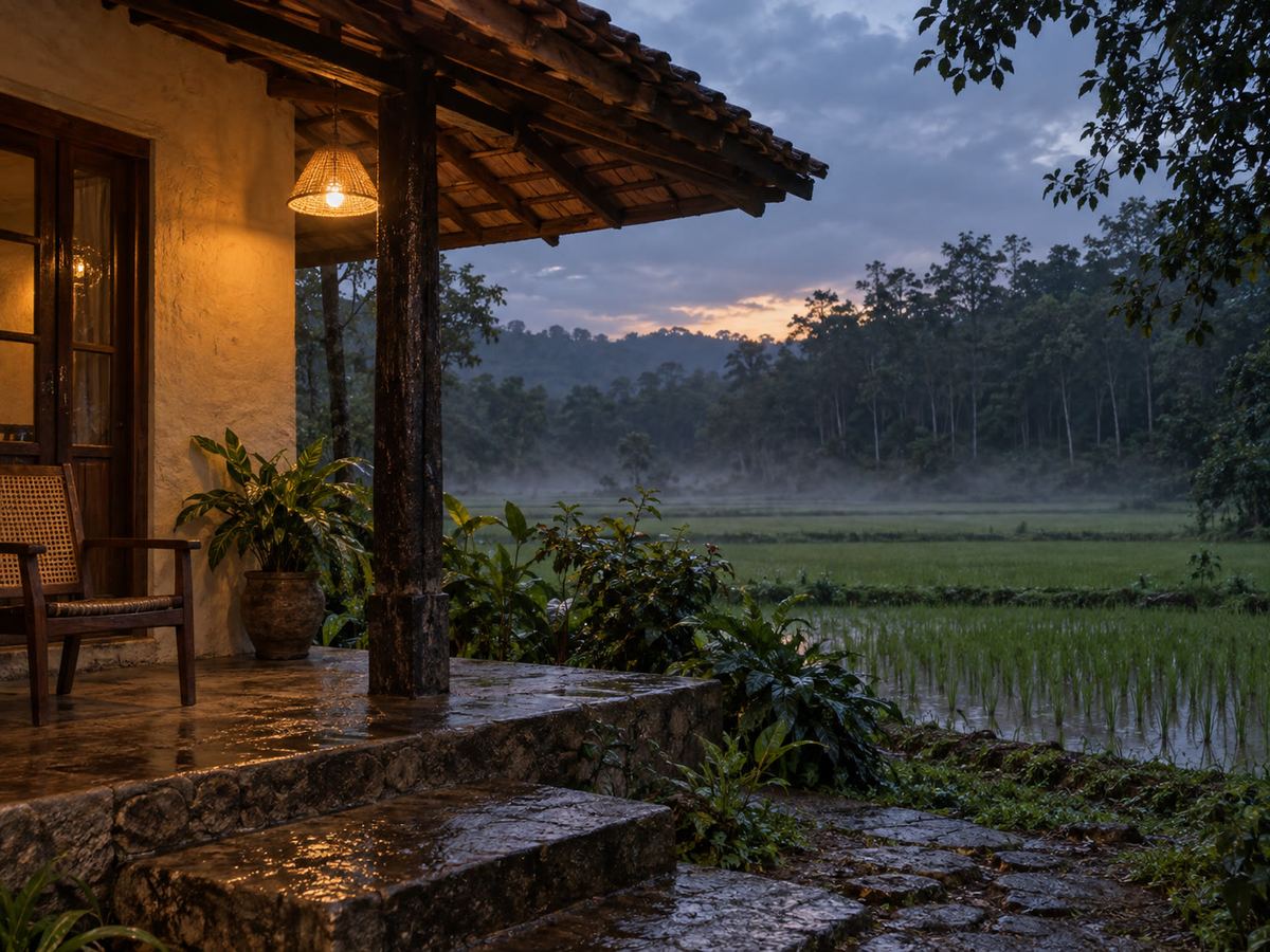 Dusk lamp under a cabana eave, mist rising off the paddy